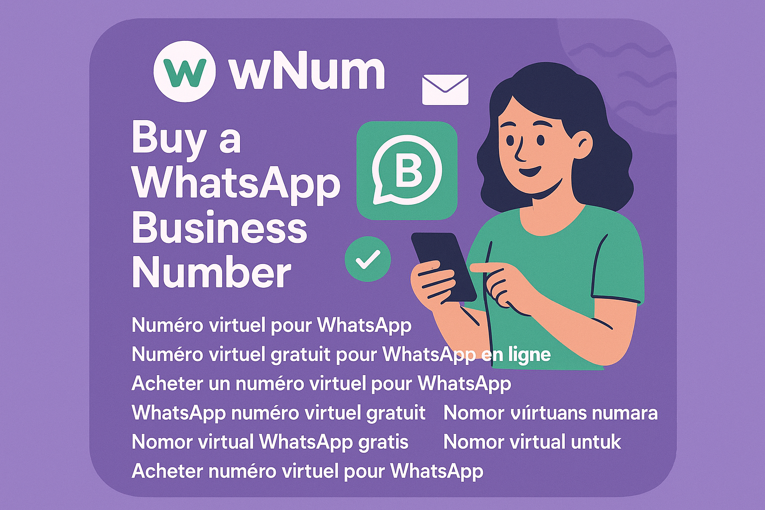 Numéro virtuel gratuit pour WhatsApp en ligne, activation WhatsApp Business facile – illustration application wNum