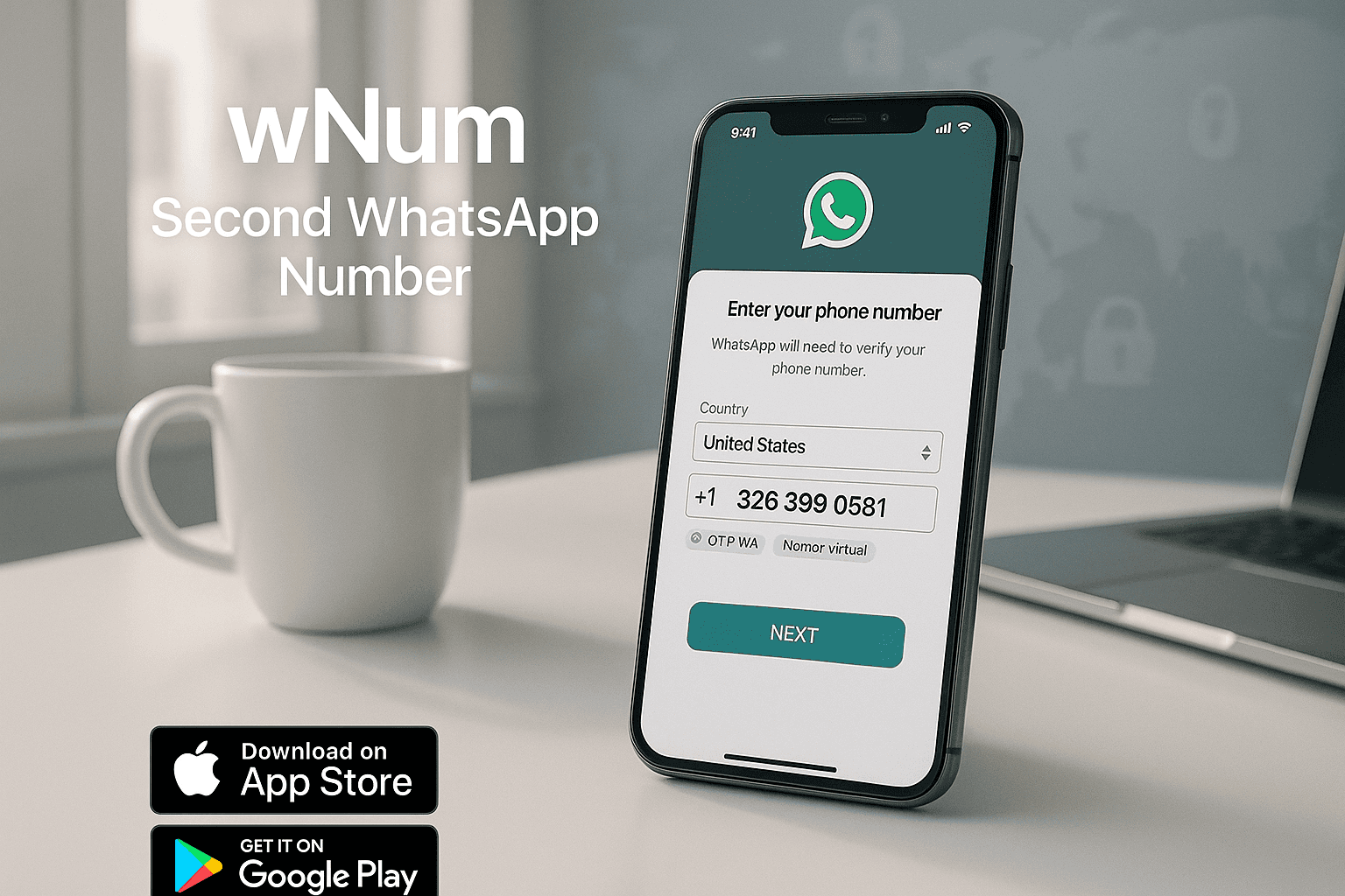 WhatsApp 虛擬號碼（nomor virtual）申請畫面示意，快速完成 otp wa 收驗證碼